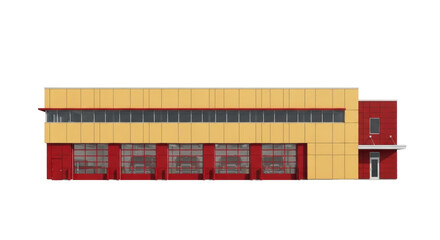 Isolated fire station building architecture on a plain backdrop featuring fire engine bays