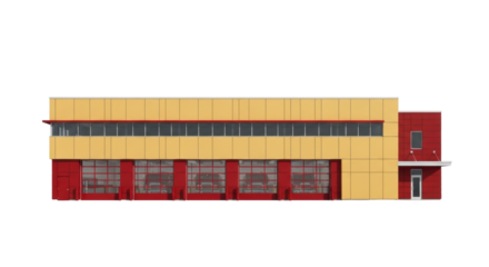 Isolated fire station building architecture on a plain backdrop featuring fire engine bays