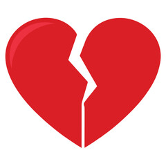 A red broken heart with a crack running down the middle isolated on white background