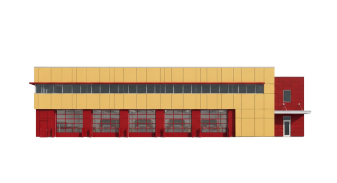 Isolated fire station building architecture on a plain backdrop featuring fire engine bays