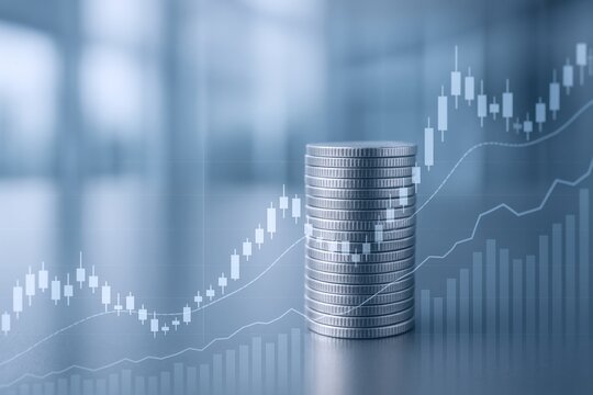 Financial Growth Concept with Stacked Coins and Graph Overlay Representing Investment Success and Market Trends