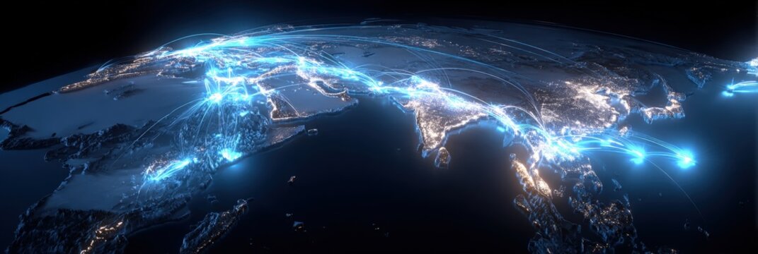 Global Connectivity: A 3D Render of the Earth with Data Transmission Lines in Asia and Middle East - Powered by Adobe