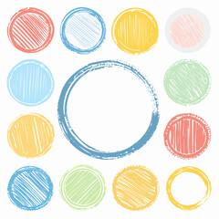 Collection of colorful hand-drawn circular frames with a crayon texture, perfect for creative projects and design elements