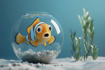 Fish in a round glass bowl on the sand. 3d rendering