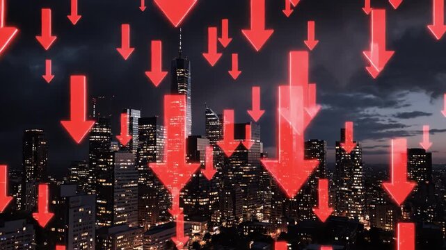 City skyline night with illuminated buildings and red downward arrows showing financial decline and stock market decrease symbolizing economic downturn over urban environment at dusk
