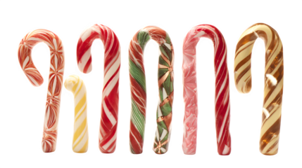 Assorted candy canes in different patterns and shapes isolated on white background