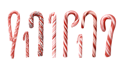 Assorted candy canes in different patterns and shapes isolated on white background