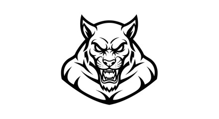 Fototapeta premium A black and white illustration of a fierce, angry panther head with sharp teeth and a wide, open mouth, set against a stark white background.