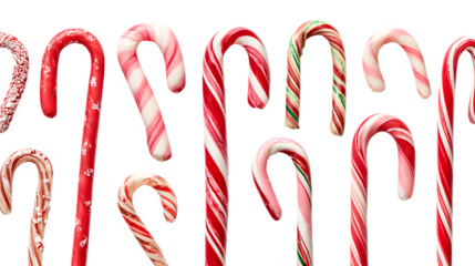 Assorted candy canes in different patterns and shapes isolated on white background