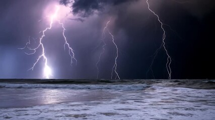 Dramatic ocean storm with multiple lightning strikes illuminating dark stormy clouds and crashing 4K Ai HD high quality video.	
 - Powered by Adobe