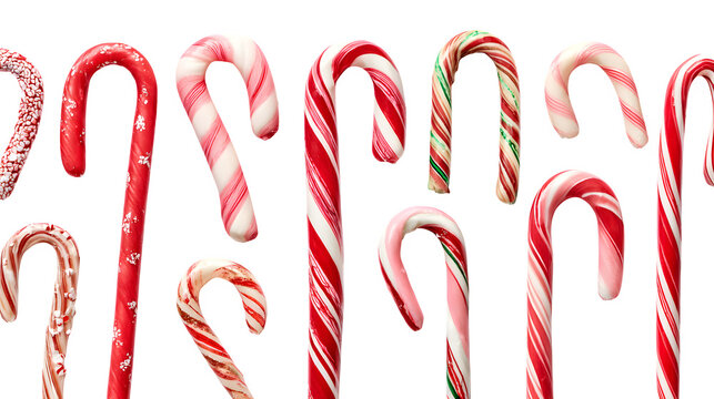 Assorted candy canes in different patterns and shapes isolated on white background
