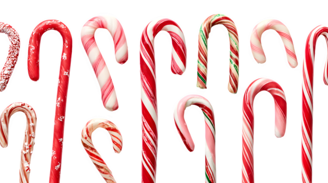 Assorted candy canes in different patterns and shapes isolated on white background