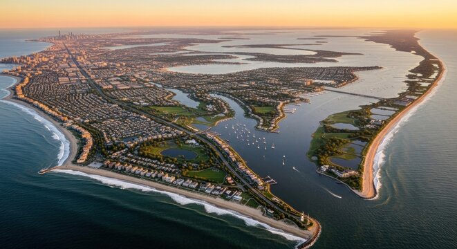 Aerial view of a coastal cityscape with a large body of water, a bridge, and a skyline in the distance.
