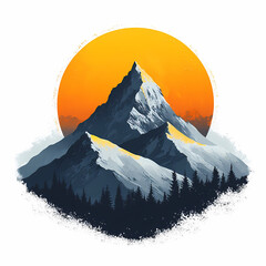 A stunning illustration of a towering mountain peak with snow-capped summits against a vibrant sunset. Pine trees surround the base, enhancing the serene landscape.