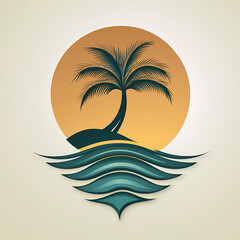 A stylish illustration featuring a palm tree silhouetted against a warm sunset, with layered waves beneath, evoking a serene tropical atmosphere.