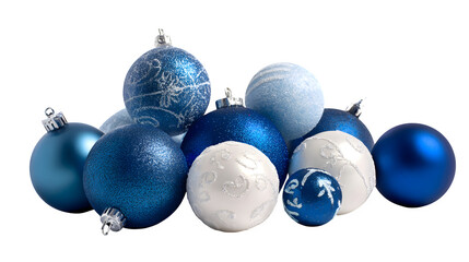 Blue Christmas ornaments with pearl-white finish arranged artistically isolated on white background