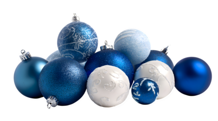 Blue Christmas ornaments with pearl-white finish arranged artistically isolated on white background