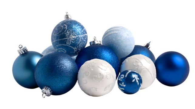 Blue Christmas ornaments with pearl-white finish arranged artistically isolated on white background