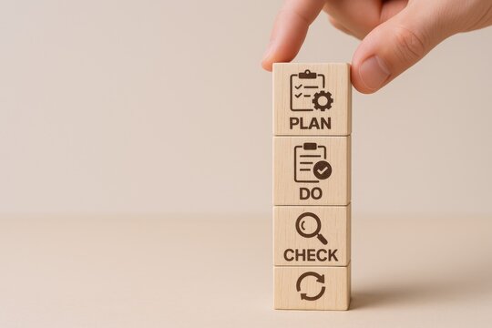 PDCA cycle illustrated with wooden blocks featuring plan, do, check, act for continuous improvement process