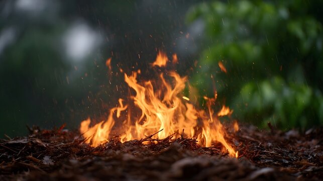 Intense flames erupt from dry organic material illuminated by sparks as gentle rain falls against a blurred backdrop of green foliage