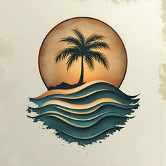 A serene tropical scene featuring a palm tree silhouetted against a warm sunset. Waves gently undulate in the foreground, creating a tranquil atmosphere.