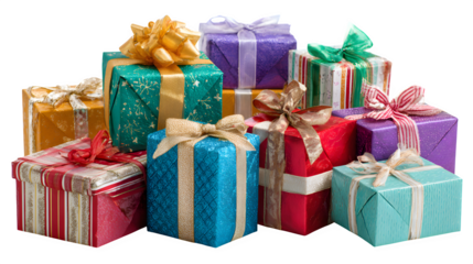 Collection of wrapped Christmas boxes in assorted colors isolated on white background