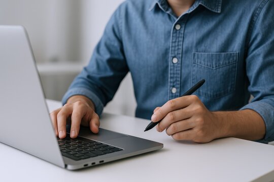 Person using Laptop and Pen at Desk for Work from Home or Creative Projects