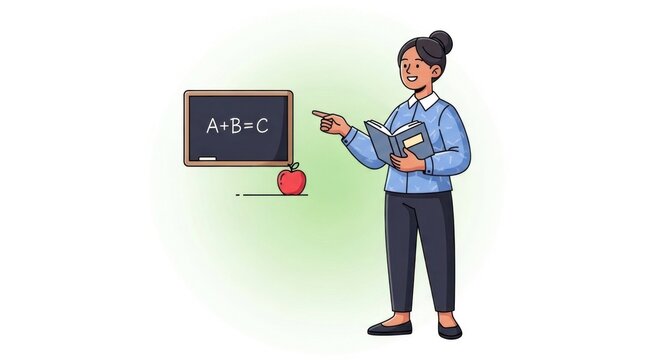 A teacher standing in front of a chalkboard with the equation A + B = C written on it, holding a book and pointing to the board.