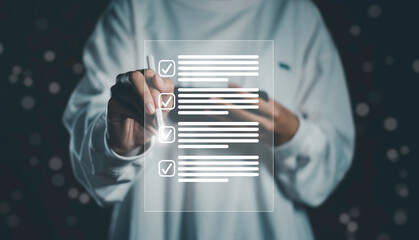 Digital survey concept with person using stylus and smartphone to complete online checklist. Represents feedback collection, data analysis, and user interaction through modern survey platforms.