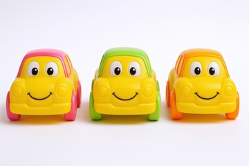 Three Cheerful Toy Cars in a Row, Playful Child's Transportation, Vibrant Colors