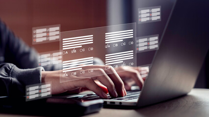 Online quiz and assessment concept with hands typing on laptop and multiple-choice form on screen. Represents digital testing, learning evaluation, and online survey for data collection.