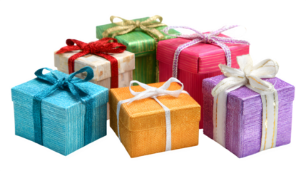 Collection of wrapped Christmas boxes in assorted colors isolated on white background