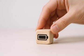 Hand Holding Wooden Cube with Battery Icon Representing Power, Energy, and Low Battery Level