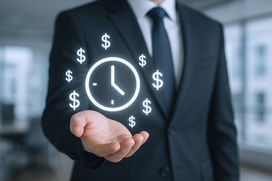 Time is Money: Businessman Holding Clock Icon Surrounded by Dollar Signs in Modern Office