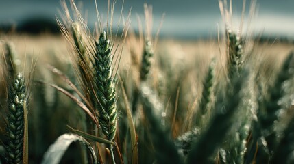 Obraz premium Golden wheat field under dramatic sky featuring ripe grain agriculture and sustainable farming practices