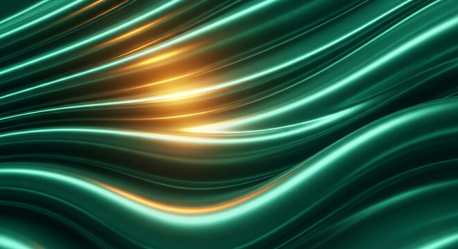 Abstract image of flowing, metallic green wave with central gold light, creating depth and movement, representing fluidity, energy, and transformation - Powered by Adobe