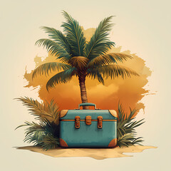 A vibrant illustration featuring a blue suitcase surrounded by palm trees and tropical foliage, evoking feelings of adventure and relaxation in a sunny setting.