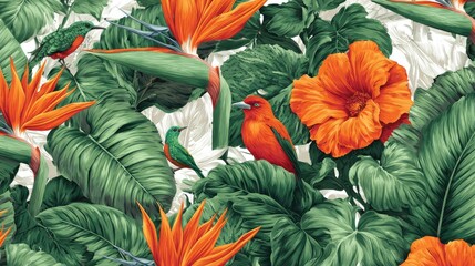 Vibrant orange tropical flora and exotic birds create a dense repeating pattern against a light background