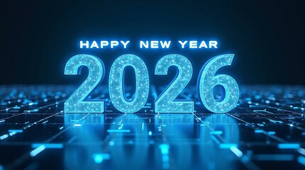 Happy New Year 2026 glowing blue digital numbers with neon light grid, futuristic technology celebration background design