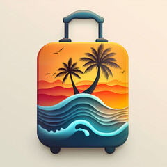 A vibrant suitcase design featuring palm trees and ocean waves against a sunset background, evoking feelings of adventure and tropical destinations.