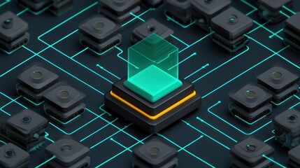 Abstract visual representation of advanced technology featuring a glowing cube on a circuit board with intricate patterns and futuristic design elements