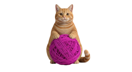 Isolated tabby cat sits with a purple ball of yarn, playing, kitten, adorable, domestic pet