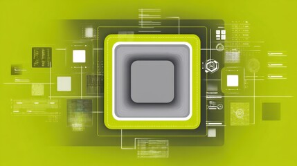 Abstract geometric shapes with digital circuits on a vibrant green background representing modern technology and innovation in information processing systems