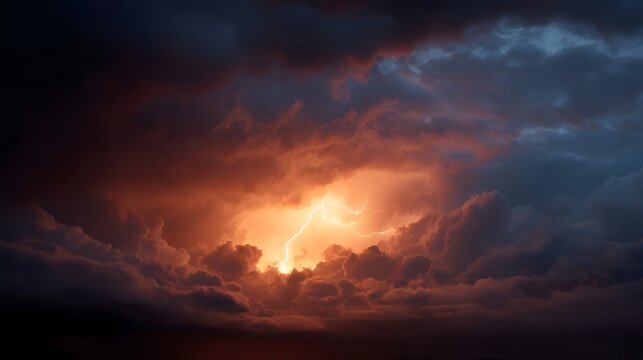 A brilliant lightning bolt illuminates a dramatic sky filled with fiery red and dark storm clouds