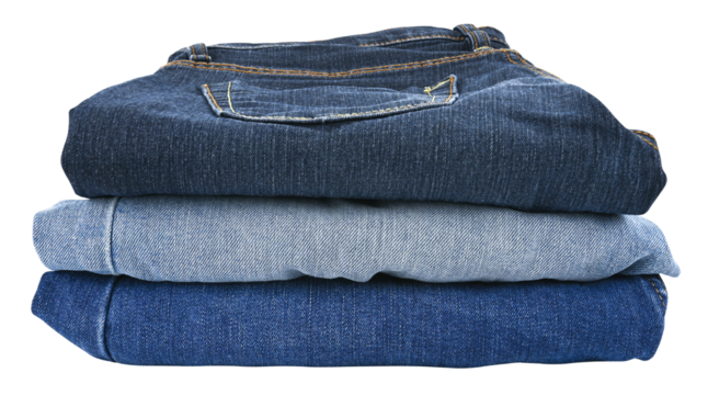Stack blue jeans isolated on a transparent background. Full depth of field. PNG.