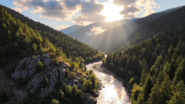 Stunning Aerial View Captures Majestic Mountain Scenery And River's Winding Course