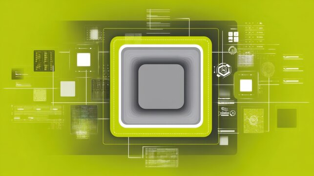 Abstract geometric shapes with digital circuits on a vibrant green background representing modern technology and innovation in information processing systems - Powered by Adobe