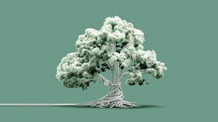 Conceptual abstract tree made of white cables symbolizes digital growth, network expansion, and technological evolution against a serene green background