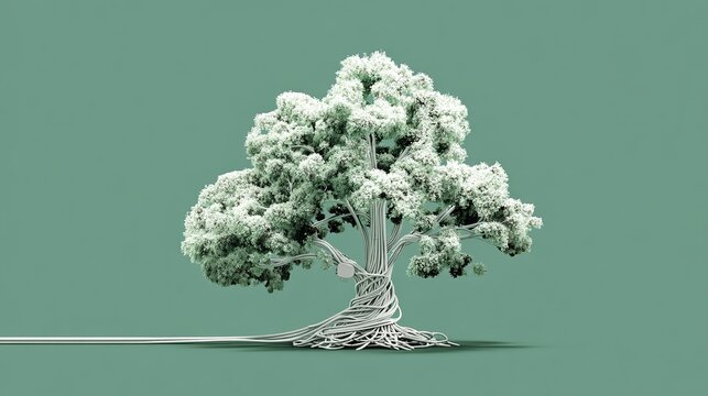 Conceptual abstract tree made of white cables symbolizes digital growth, network expansion, and technological evolution against a serene green background