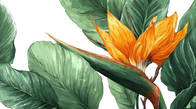 Vibrant orange tropical bloom emerges from lush green foliage against a white background - Powered by Adobe
